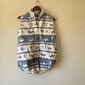 Vintage 90s western cowboy print sleeveless button up shirt size large‎